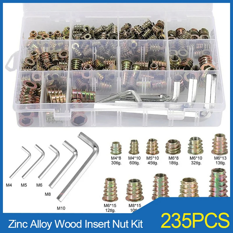 235PCS Zinc Alloy Wood Insert Nut Kit M4 M5 M6 M8 M10 Flanged Hex Drive Head Furniture Nut with Allen Wrench Trapezoidal Nut Set