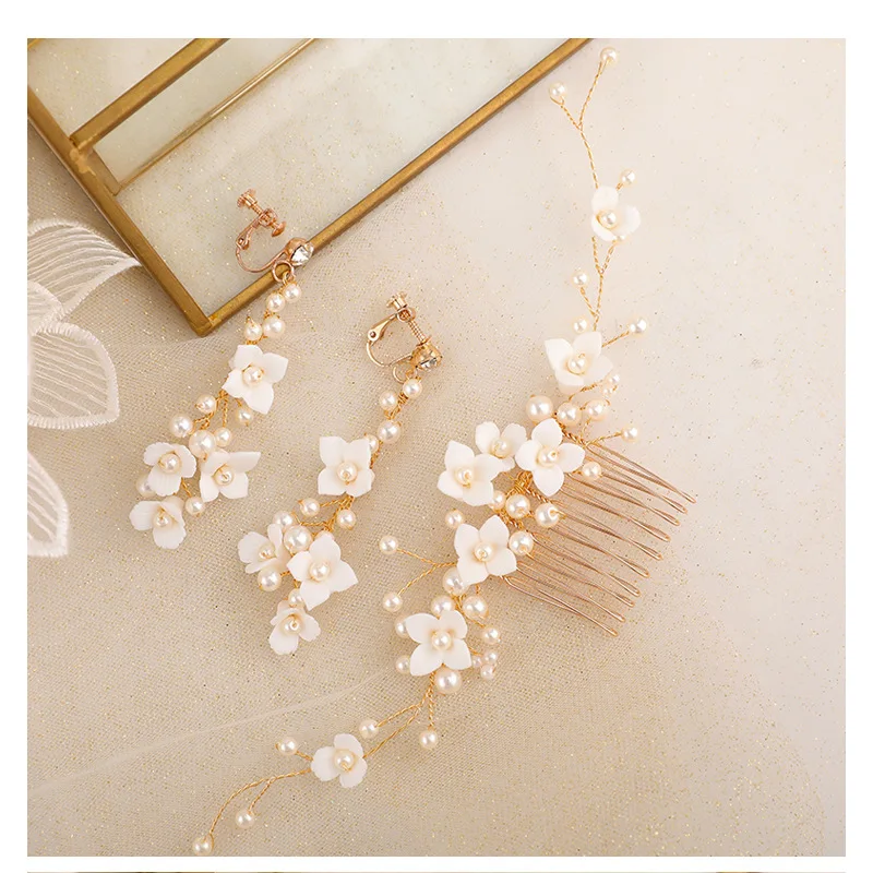 Small Porcelain Flower Bridal Comb Hair Piece Gold Color Pearls Women Headpiece Handmade Wedding Accessories