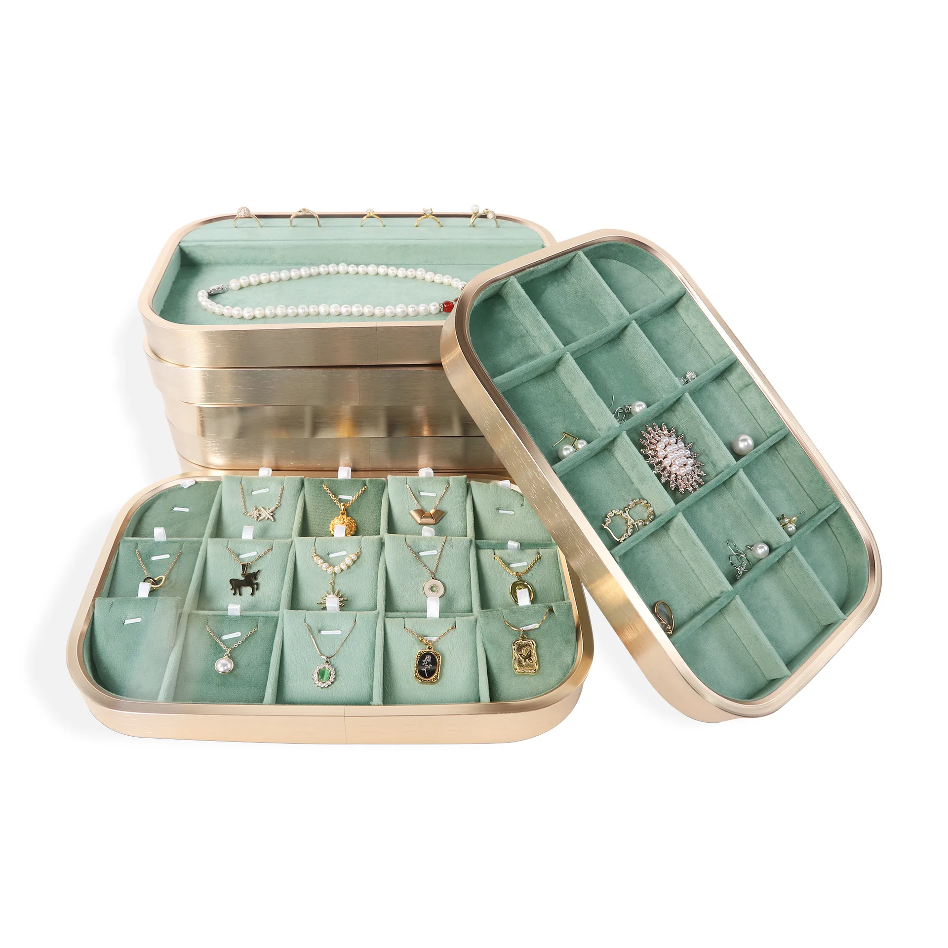 Apple Green Luxury Metal Jewelry Display Tray,High Quality Velvet Microfibre Jewellery Storage Tray for Necklace Ring,Shop Props