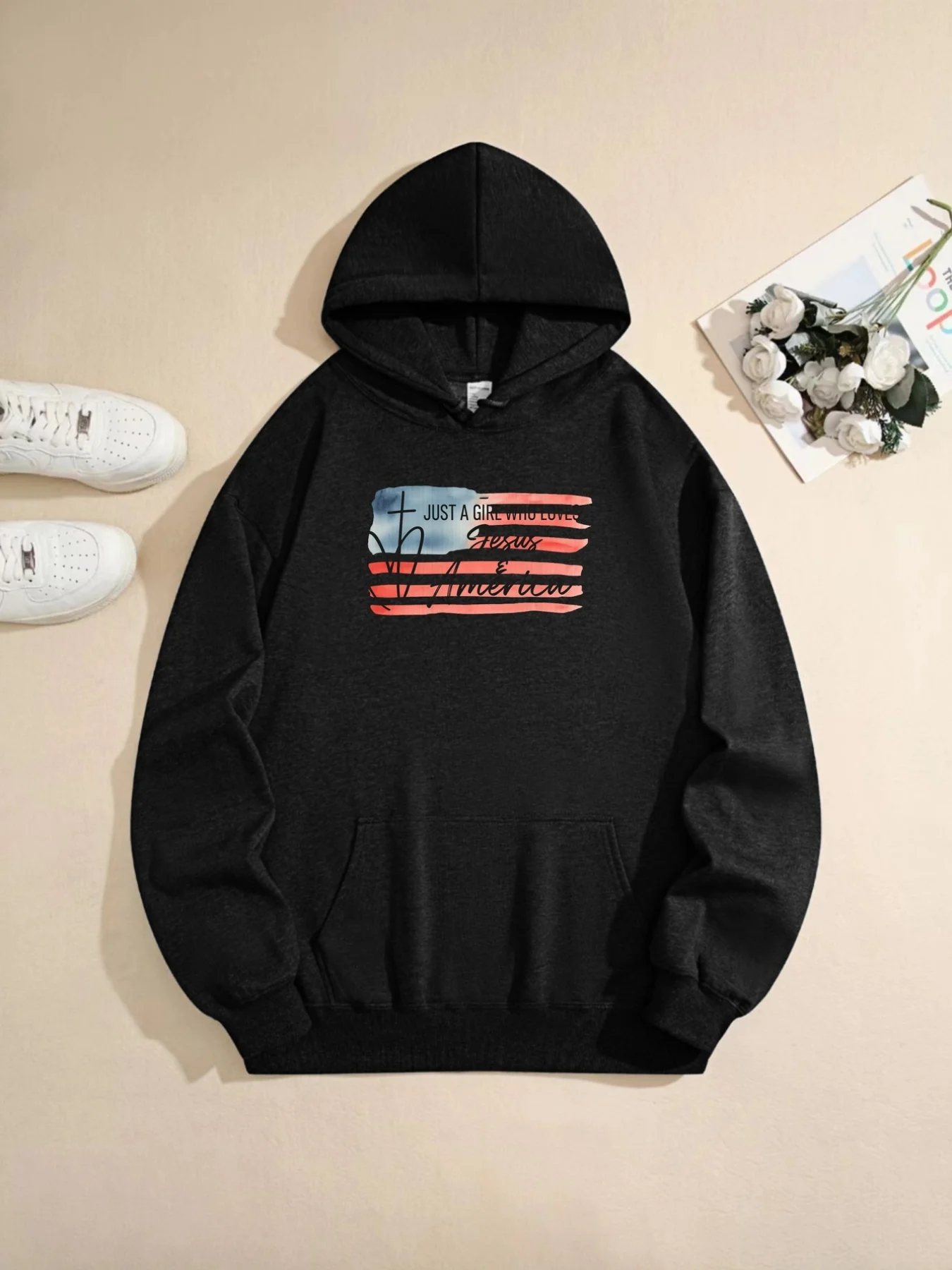 Banners, trendiger, lässiger Damen-Hoodie mit amerikanischem Flaggen-Aufdruck, einfarbiger Hoodie, lockerer Hoodie