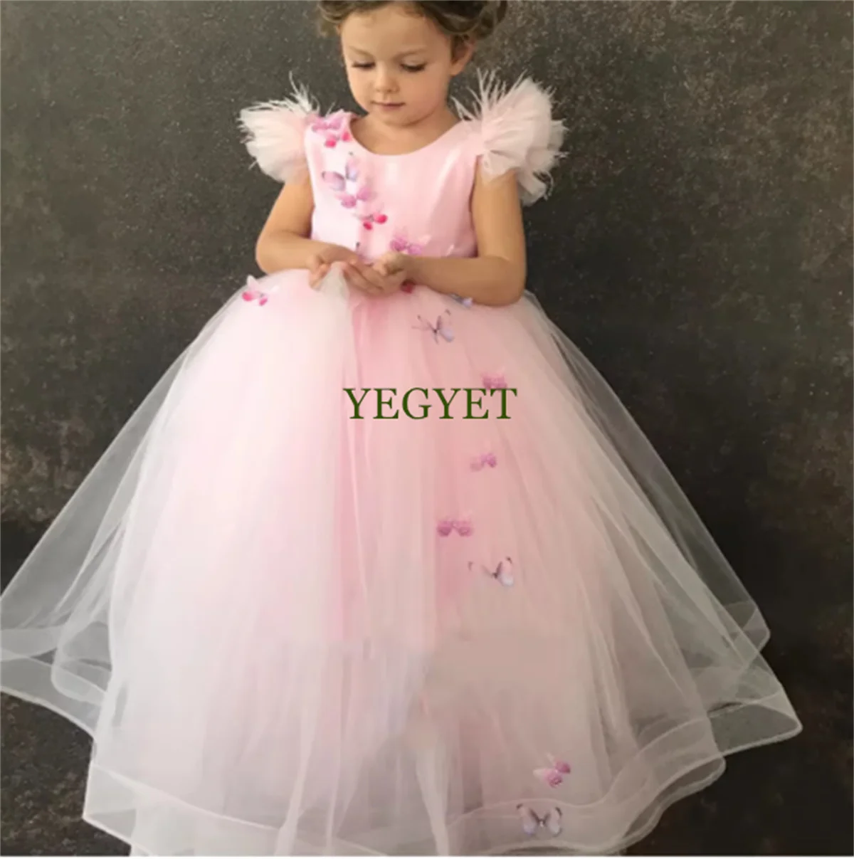 CustomGold Green Flower Girl Dresses Tulle Pearls Butterfly Flowers Short Sleeve For Wedding Birthday Party Banquet Princess Com