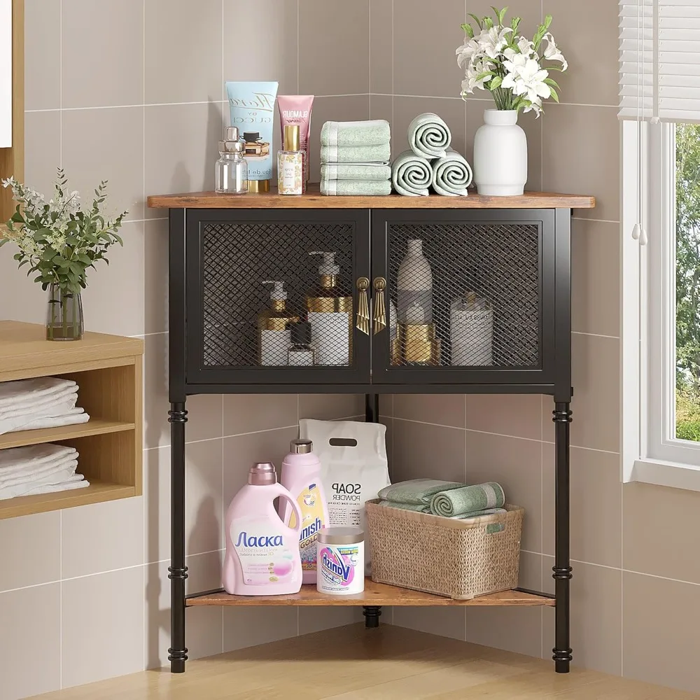 

Corner Cabinet/Table, 3-Tier Display Shelves with Protection Door, Metal Frame Storage Shelf Organizer for Small Space, Living