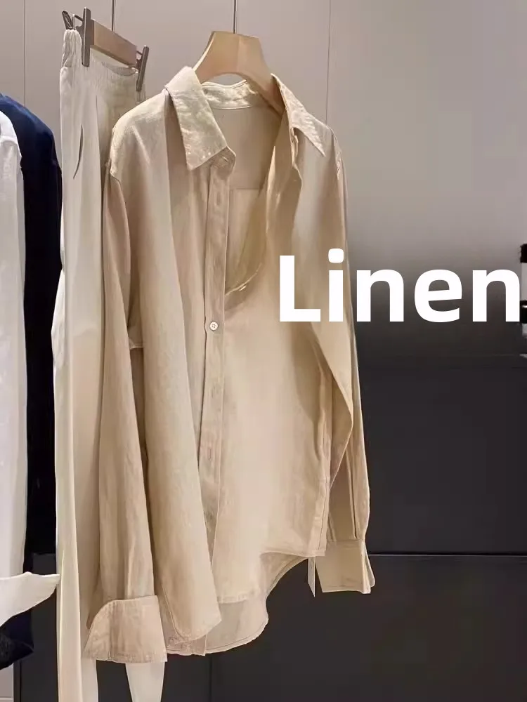 

Outlet Store Classic Pure Color Long Sleeve Linen Shirt Versatile Early Autumn Korean Style Loose Fit Button up Women's Shirt