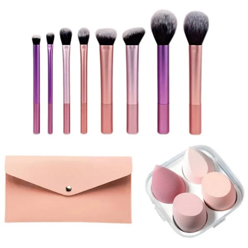 Set di pennelli per trucco a tubo lungo multicolore da 8 pezzi + 4 uova di bellezza in scatola rosa + 1 borsa portaoggetti rosa, adatto come regalo per gli amici