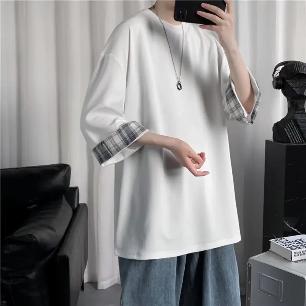 

Popular Male T-shirt Spring Summer Men Pullover O-Neck Relaxed Fit Three Quarters Sleeves Tee Top Streetwear