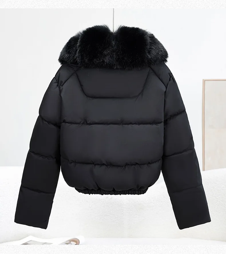 Korean Trend 2026 Winter New Women's Solid Color Short Down Cotton Jacket Simple V-neck Fashion Loose Fur Collar Jacket