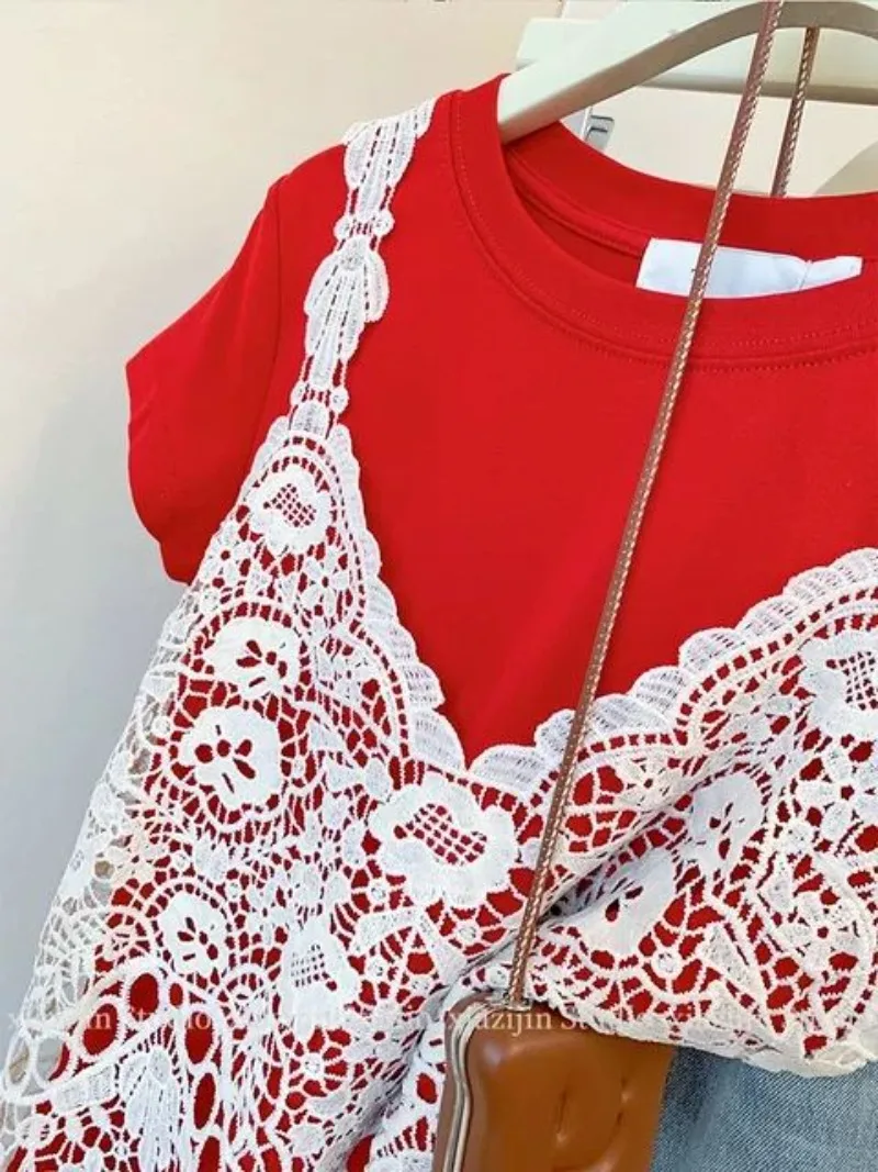 Miiiix Korean Retro Tassel Lace Suspender Red Short Sleeved T-shirt Women's 2024 New Summer Two-piece Top Female Clothing