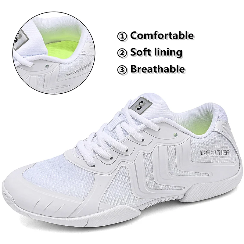 BAXINIER Cheer Shoes for Youth Girls Boys White Cheerleading Sneakers Mesh Knit Upper Soft Lining Heel Support Lace-Up Anti-Slip Flexible Rubber Sole Athletic Training Dance Shoes