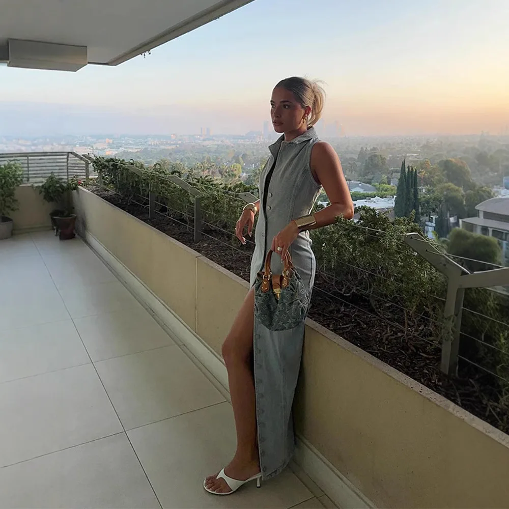 Modna sukienka koszulowa, jednorzędowa, bez rękawów, z klapami, długa sukienka damska, dopasowana, z wysokim stanem, sukienki na imprezę, sukienki biurowe dla kobiet, designerskie.