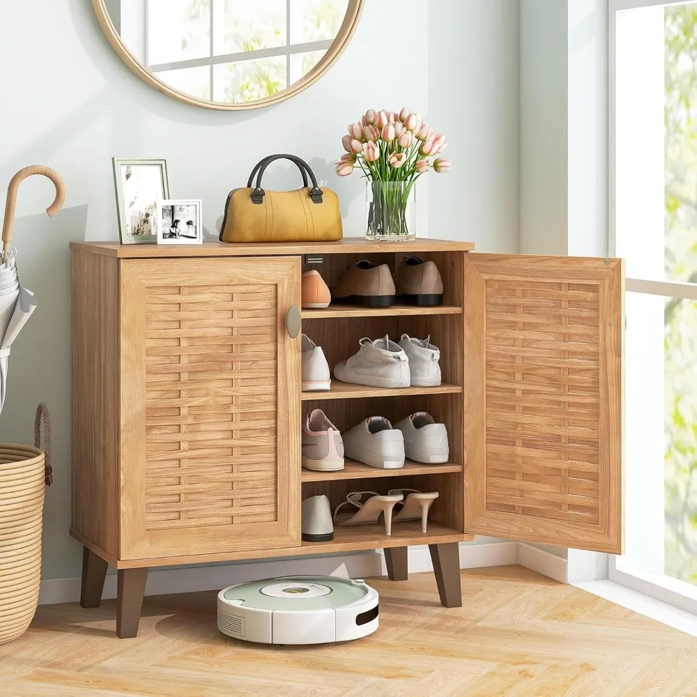 خزانة تخزين الأحذية ذات 4 طبقات على طراز المزرعة مع بابين و3 أرفف قابلة للإزالة، منظم ريفي قائم بذاته للمنزل #3