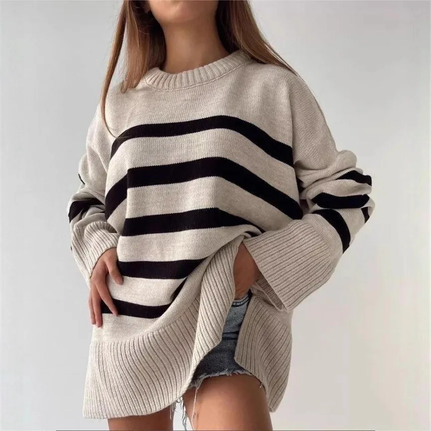 

Zekye Russian Women's Knitted Sweater Autumn/Winter Style European American Striped Loose Round Neck Hooded Sweater Coat Women