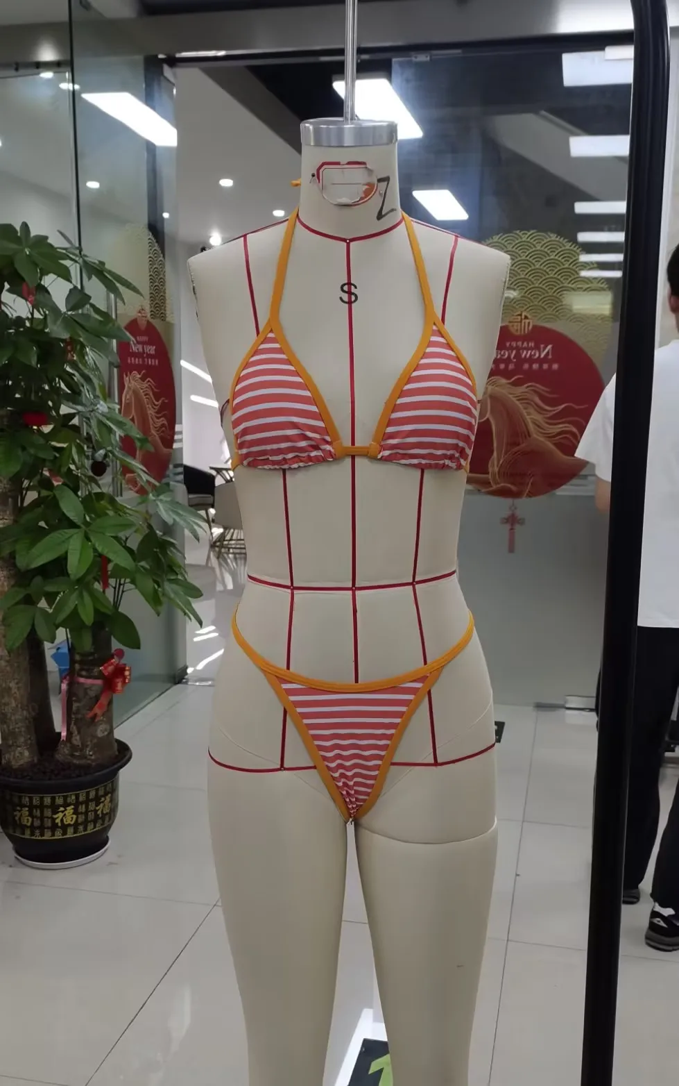 Womens Two Piece Outfits Orange and White Striped Bikini Set with Yellow Trim Thin Straps Swimwear for Poolside