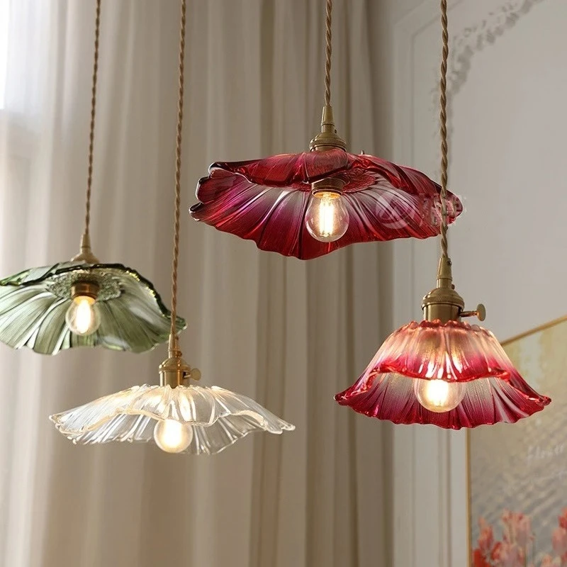 

Nordic Copper LED Ceiling Pendant Lights Lotus Leaf Glass Chandelier Living Room Bedroom Kitchen Restaurant Modern Hanging Lamps