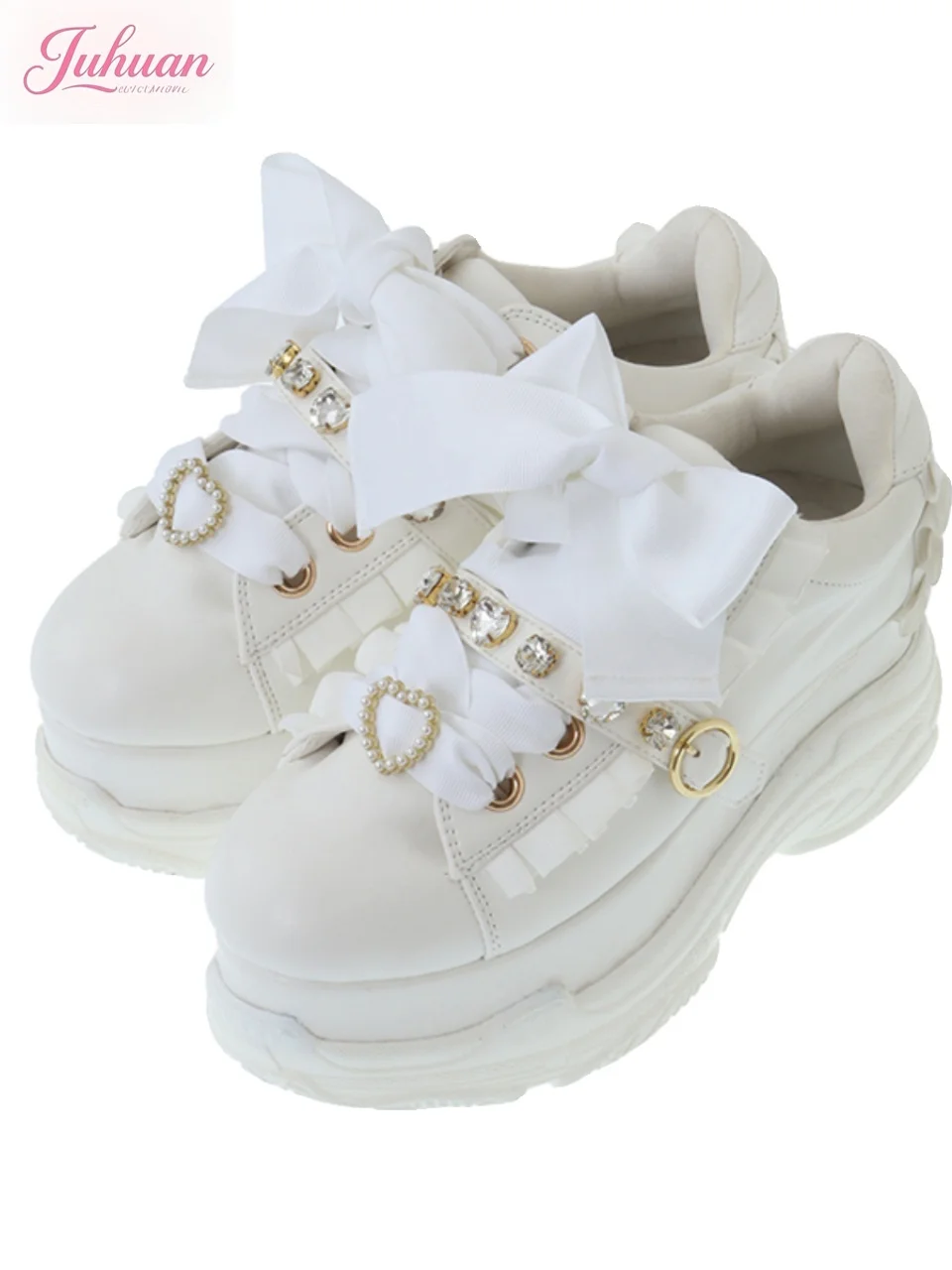 Scarpe da muffin giapponesi Sweet Lolita Love Scarpe da ginnastica con plateau con fiocco in strass Scarpe casual Scarpe da studente da donna Campus Incontri giornalieri