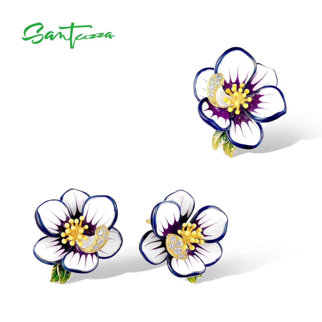 

SANTUZZA Pure 925 Silver Jewelry Set For Women White Enamel Flower Earrings Pendant Cute Birthday Wedding Gifts Fine Jewelry
