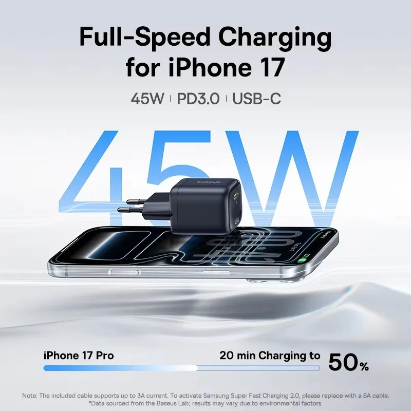 Baseus for 45W  GaN Mini Charger PD QC PPS Fast Charging Type C Adapter for iPhone 18 Series 17 16 15 Pro Max Laptop Charging