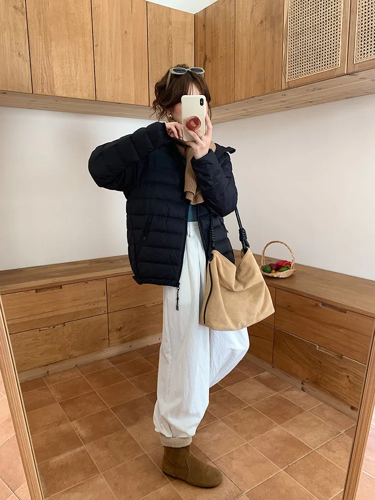 Daunenjacke für Damen, kurz und leicht, 2025, neue koreanische Version, weiße Entendaunen, lässige Herbst- und Winter-Kapuzenjacke