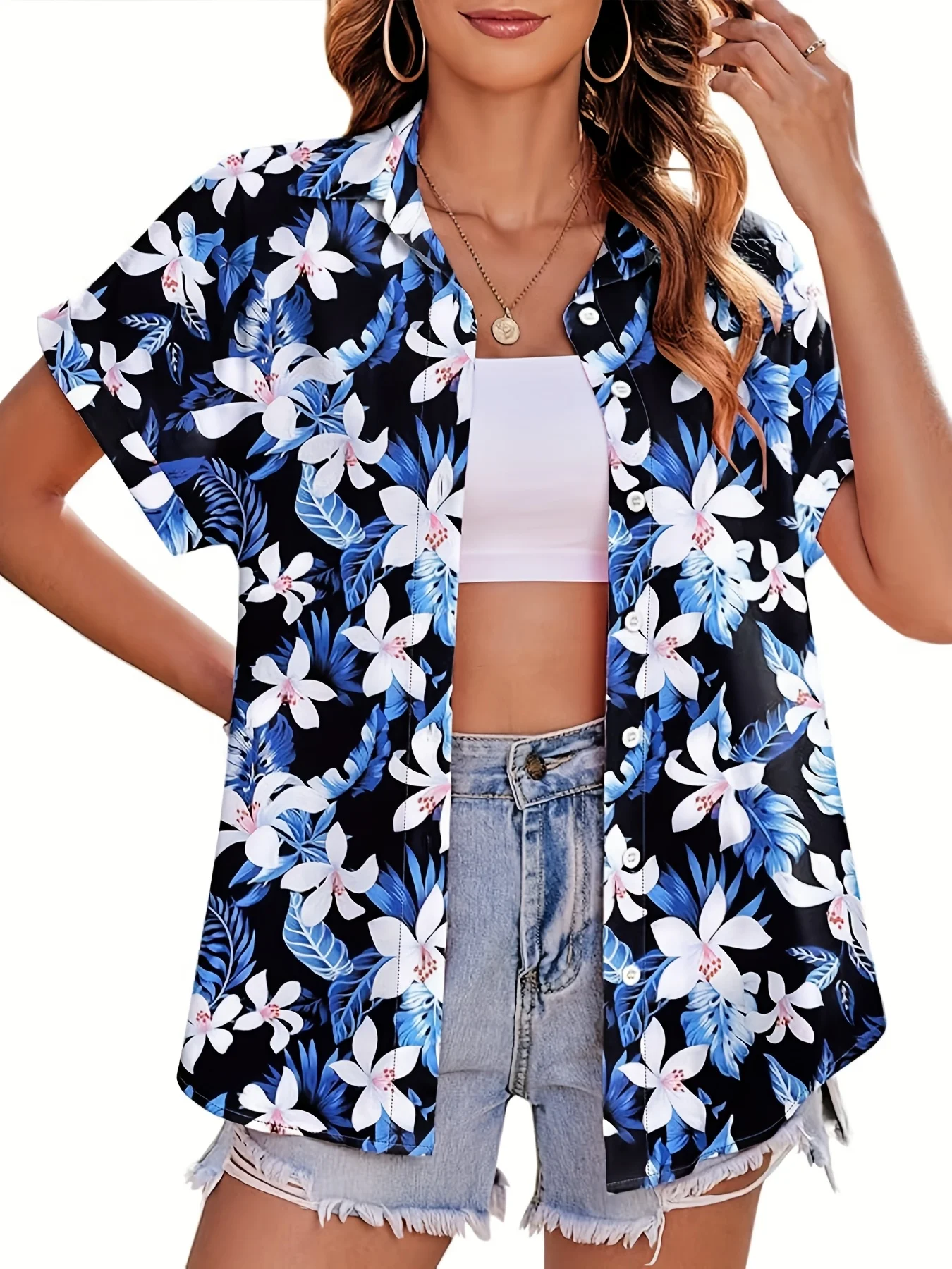 

Fashion Women's Hawaiian Coconut Tree Print Tops Short Sleeve Lapel Casual Button Shirt Summer Women's Hawaiian 3D Printed Shirt