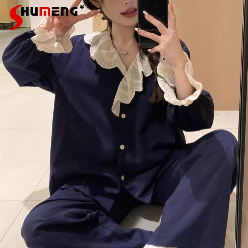 

Spring Autumn Japanese Sweet Pajamas for Women Lace Ruffle Long Sleeve Sleep Wear Suits Female Pure Cotton Linen Homewear Set