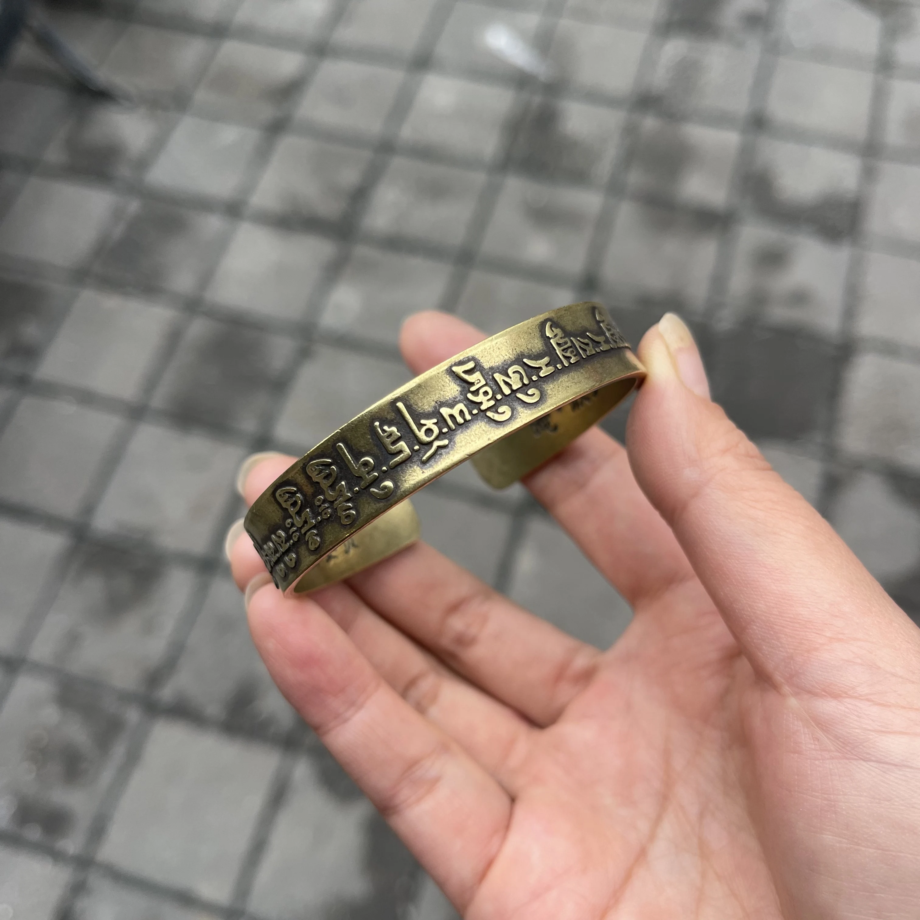 Vintage Brass Tone Open Cuff Bangle, Ethnic Tibetan Script Engraved Bracelet, Oriental Retro Cultural Decor Jewelry for Men Wome