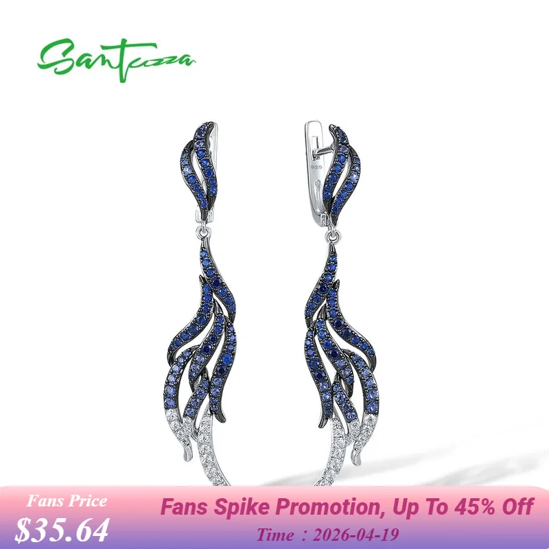 

SANTUZZA 925 Sterling Silver Dangling Earrings For Women Blue Spinel White CZ Latch Back Curly Feather Elegant Fine Chic Jewelry
