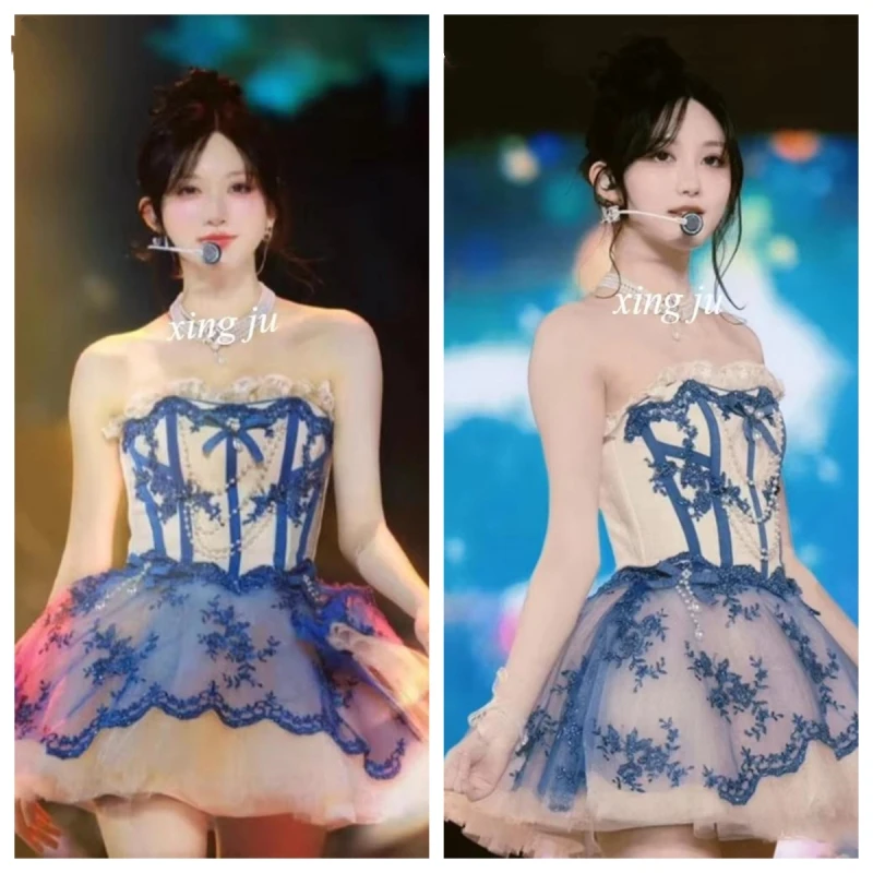 

Korean Ladies Cosplay Dance Costumes Women Kpop Outfits Concert Stage Lace Strapless Dress Nightclub Singer Dj Performance Wear