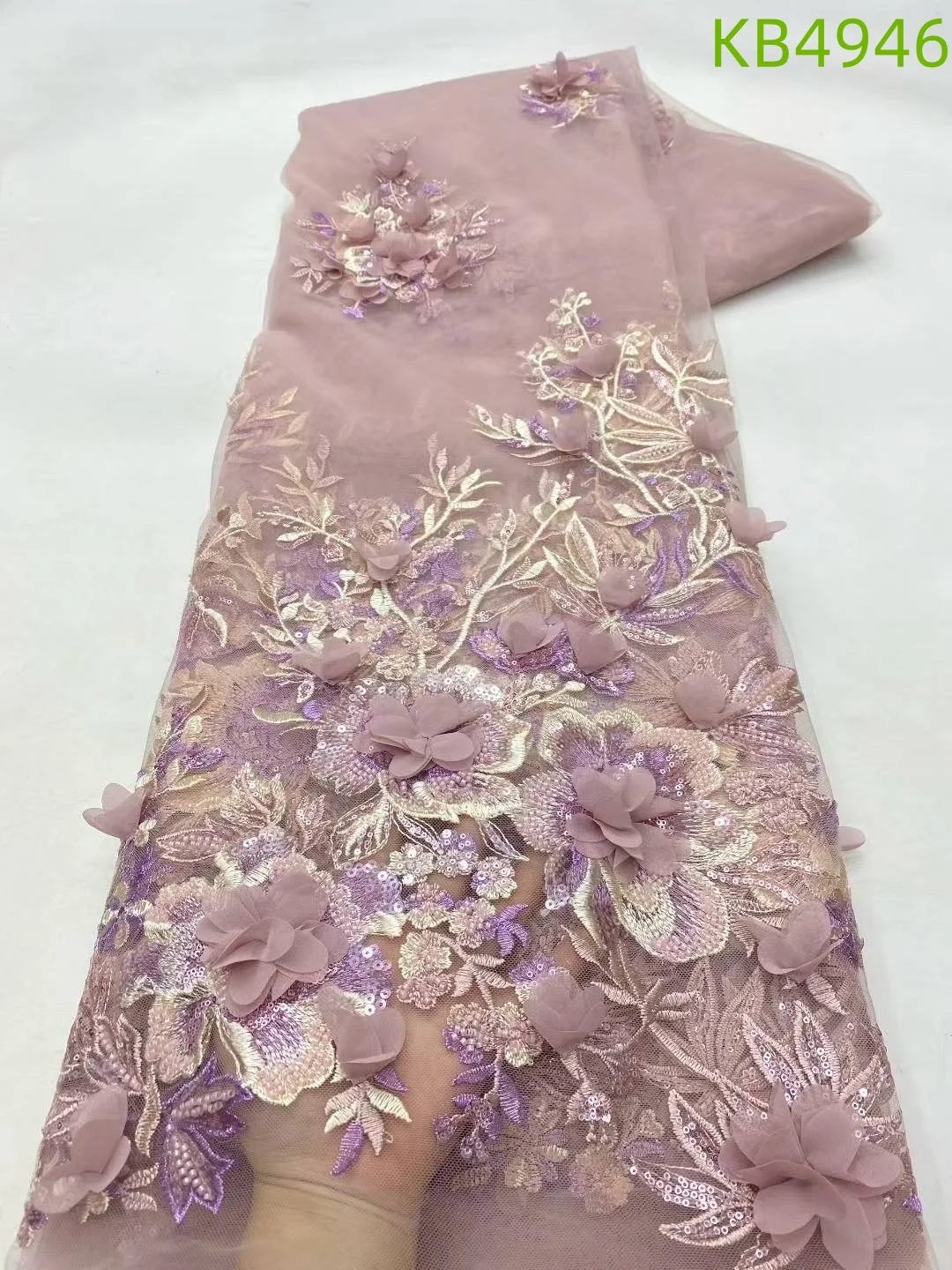 

African Lace Fabric 5 Yards High Quality 2024 Purple Lilac Fabric 3D Flower Lace Fabric Beaded French Mesh For Sewing KB4946