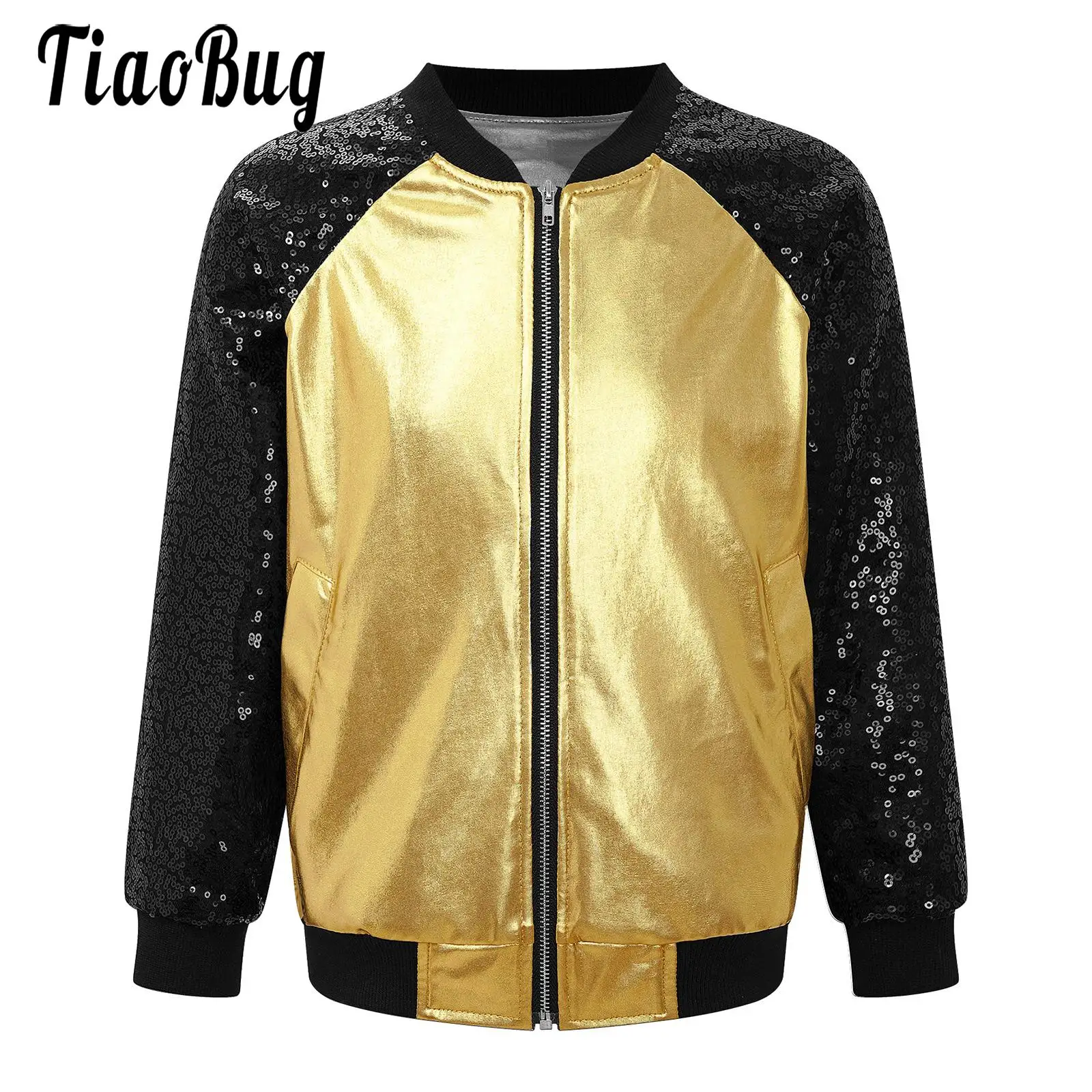 

Kids Girls Boys Metallic Bomber Motor Jacket Coat Shiny Bronzing Cloth Hip Hop Jazz Modern Dance Top Disco Party Costume for Kid