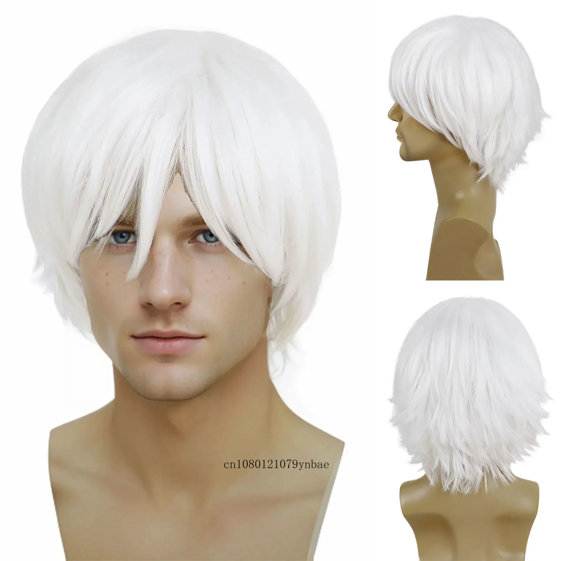 

Anime Cosplay White Wig Synthetic Hair Short Spiky Wigs with Bangs for Men Boys Halloween Costume Party High Temperature Fiber