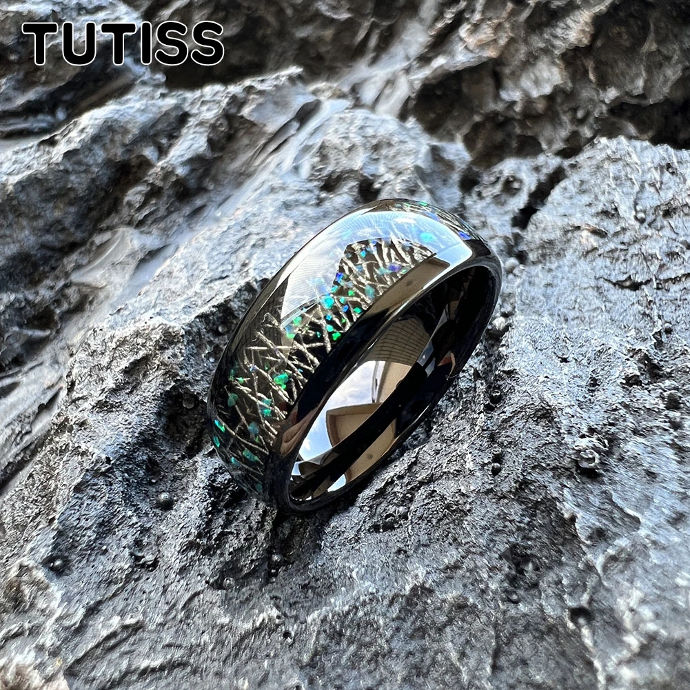 TUTISS 8mm New Opal Wedding Band Tungsten Carbide Ring With Black Meteorite Inlay Comfort Fit