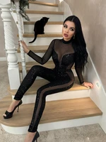 Mesh Patchwork Jumpsuits For Women Fashion Sexy Club Sequined Long Sleeves O-Neck Slim Fit See Through Romper Female Streetwear - Image 2