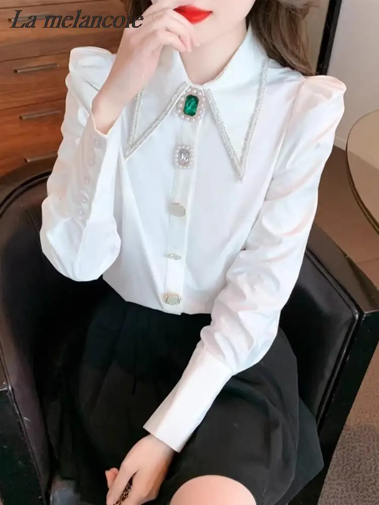 

Elegant Chic Shirts For Women Pointed Collar Long Puff Sleeve Pearl Button Blouse 2023 Spring New Loose Vintage White Shirt Tops