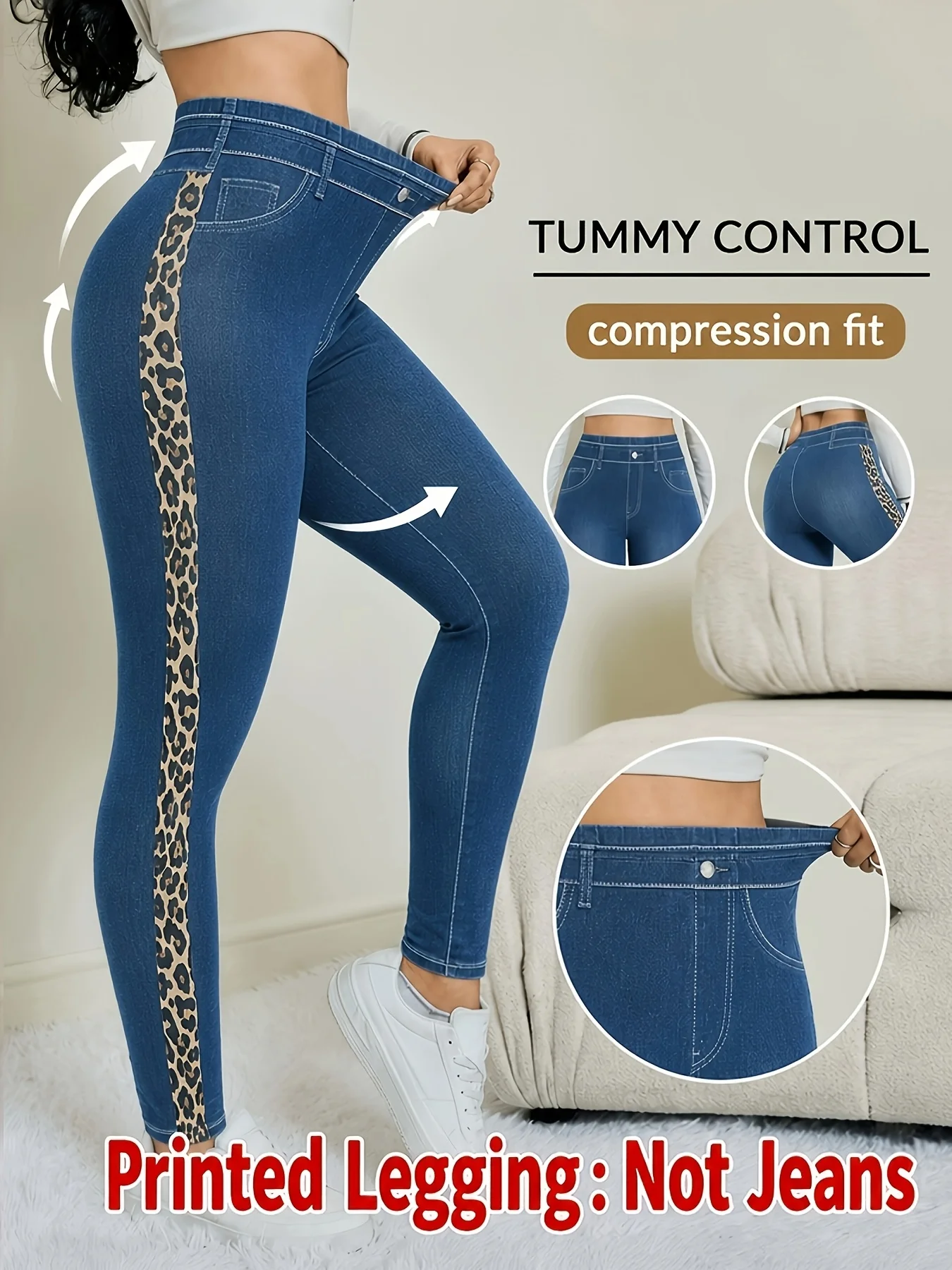 Women Printed Leggings Not Denim Fabric, Fake Pocket & Button Print Design Pants, High Elastic Fashion Slim Fit Skinny Casual
