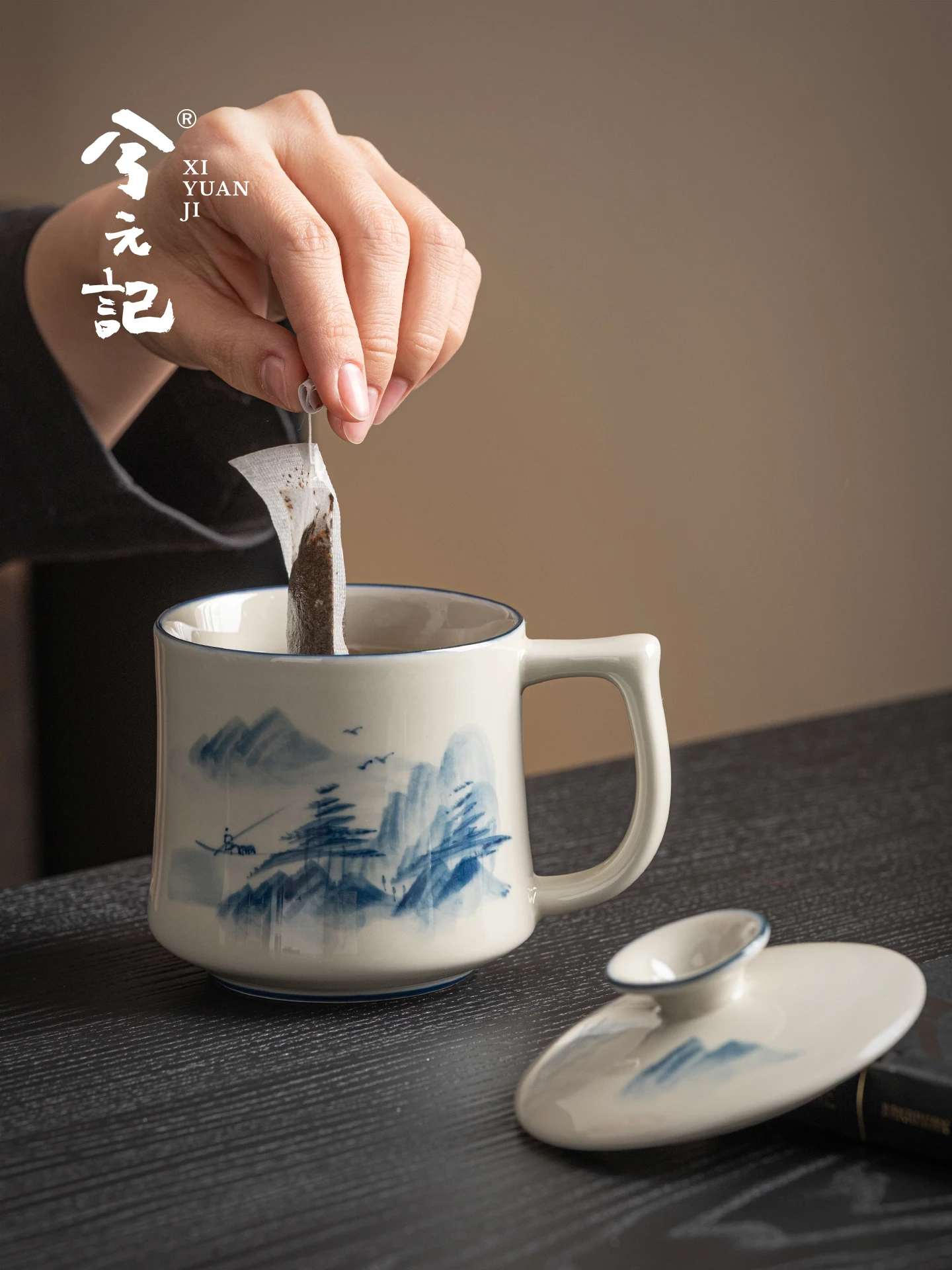 Grass and Wood Gray Hand-Painted Landscape Tea Cup Office Ceramic Water Good-looking with Lid