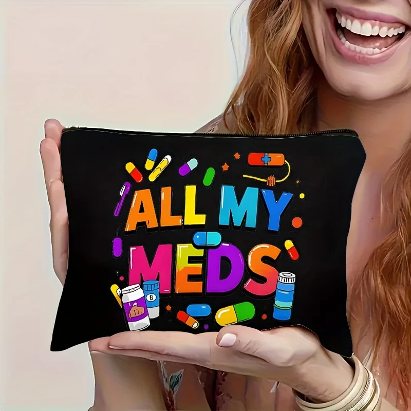 ALL MY MEDS Desain Kantong Organizer Kosmetik & Camilan Multifungsi untuk Perjalanan - Penutup Ritsleting Poliester yang Tahan Lama, Penyimpanan Ringkas