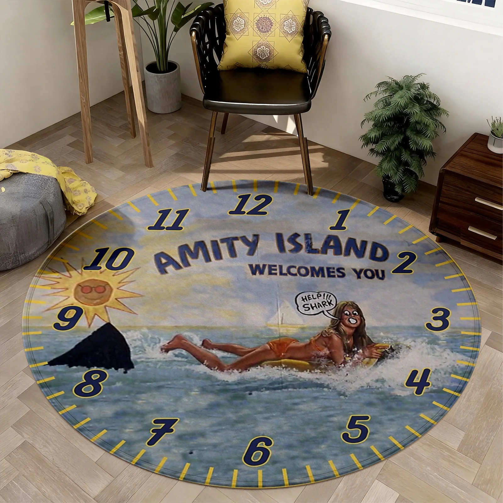 Coastal Ocean Beach Round Rug Mat Area Carpet Tropical Shark Design Amity Island Summer Vacation Nautical Decor for Living Room