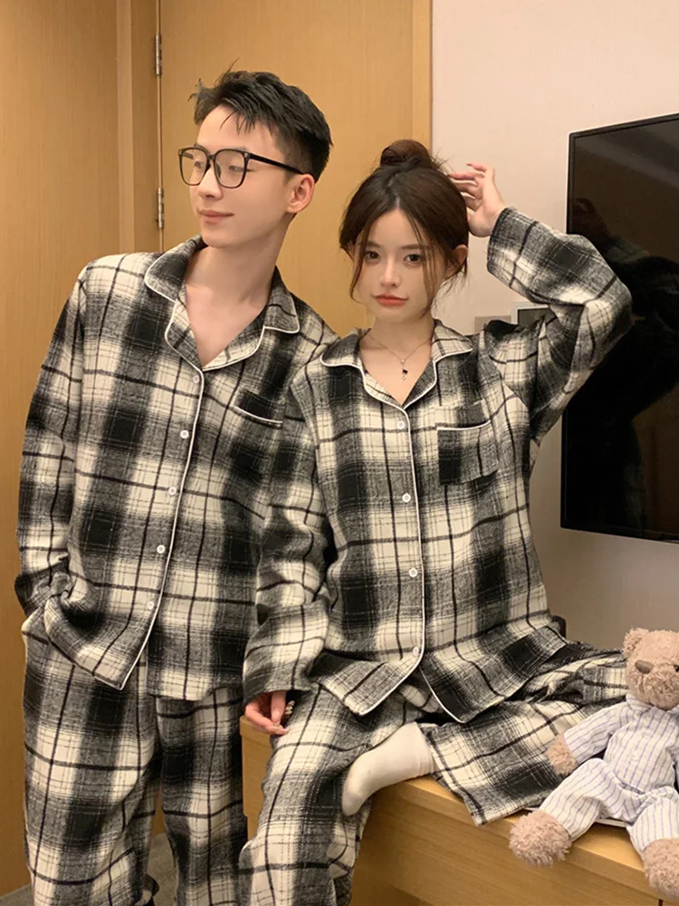 

Lovers New Home Lazy Plaid Loose Simple Korean Long Sleeve Pajama Set Women Winter Spring Elegant Casual Vacation Sleepwear Ins