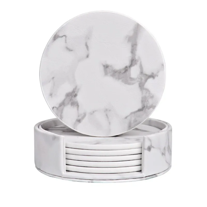 6PCS Hot Sale PU Leather Marble Coaster Drink Coffee Cup Mat Easy To Round Tea Pad Table Holder Clean Placemats Set