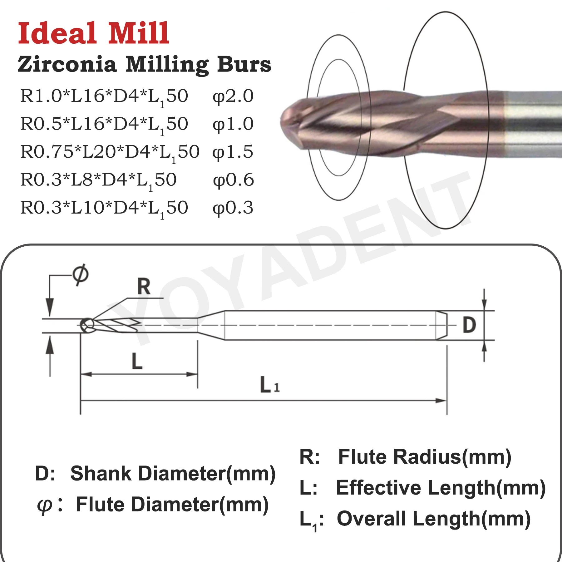 Ideal Mill Zotion Dental Zirconia Milling Burs Zirconia Wax PMMA Milling Cutters CADCAM DC/DLC Coating Dentistry Milling Tool