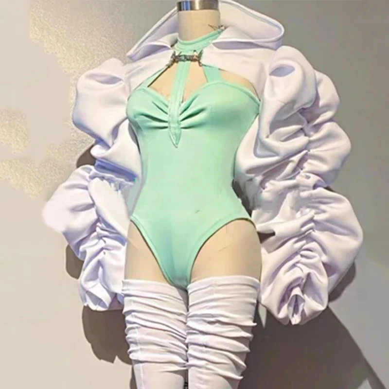 Mint Green Bodysuit Nightclub Jazz Gogo Dance Clothes Singer Dancer Stage Costume Drag Queen Outfit Puff Sleeve Tops