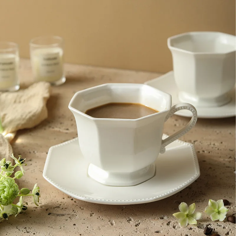 European White Octagonal Ceramic Coffee Cup Set Luxury Office Mug Afternoon Tea Cup