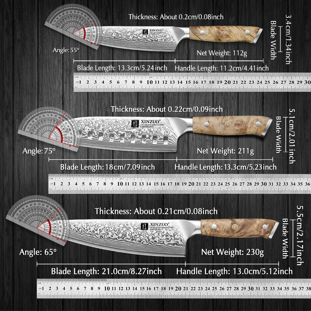 XINZUO 1-3PCS Damascus Steel Knife Set Chef Santoku Utility Knives 67 Layers Super Steel Figured Sycamore Brass Rivets 60HRC