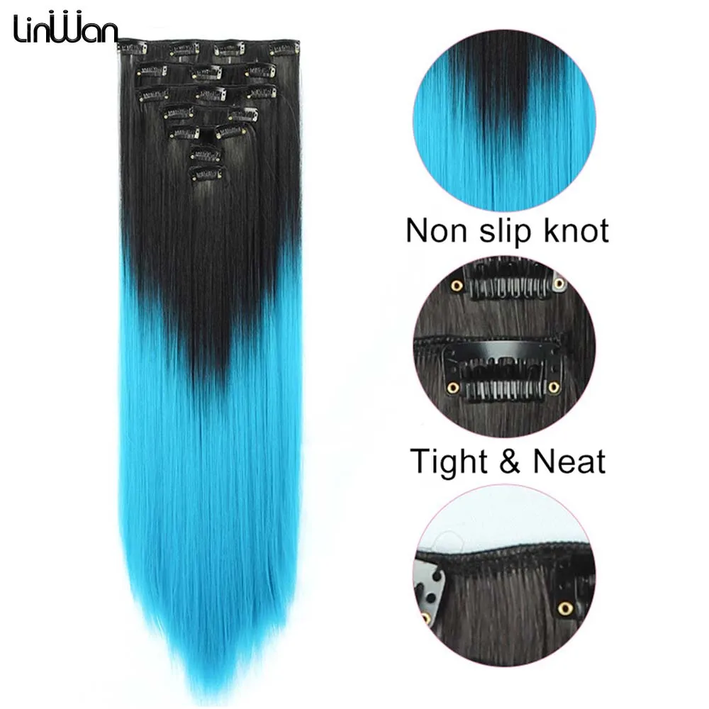 Synthetic Long Straight Clip In Hair Extension 7Pcs/Set Clips False Blonde Hair Brown Black Heat Resistant Fake Hair LINWAN