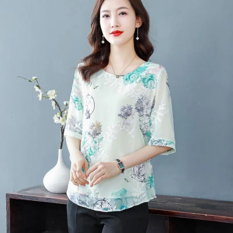 Women Summer Fashion Printing Loose Appear Thin O-neck Short Sleeve Chiffon Shirts Women Clothes Elegant All-match Trend Tops