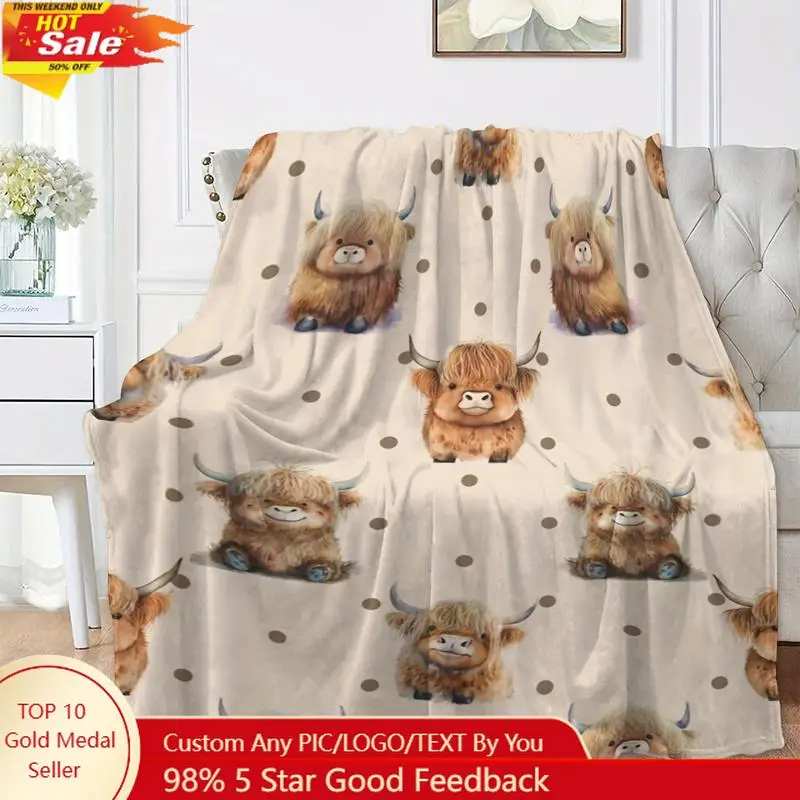 

Cute Highland Cow Printed Flannel Blanket SoftWarm Napping Throw Blanket for Home Office Cool Custom Blankets