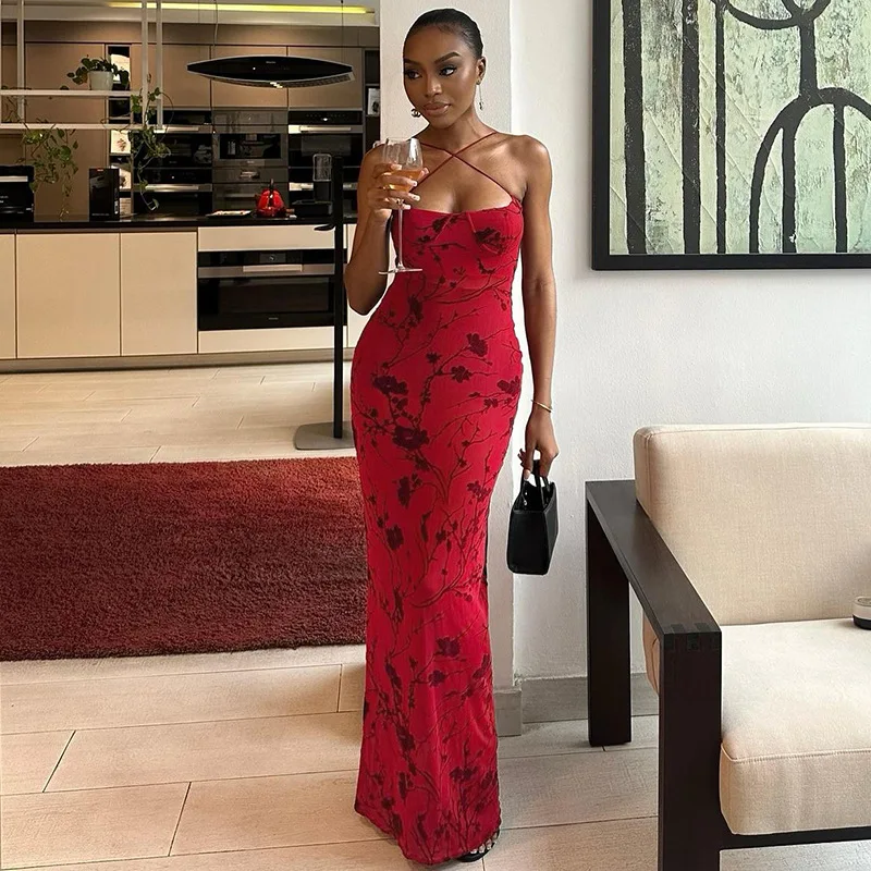 Printing Halter Women Bandage Dress Pleated Middle Waist Party Gown Elegant Red Backless Long Evening Dress New Arrival In Stock