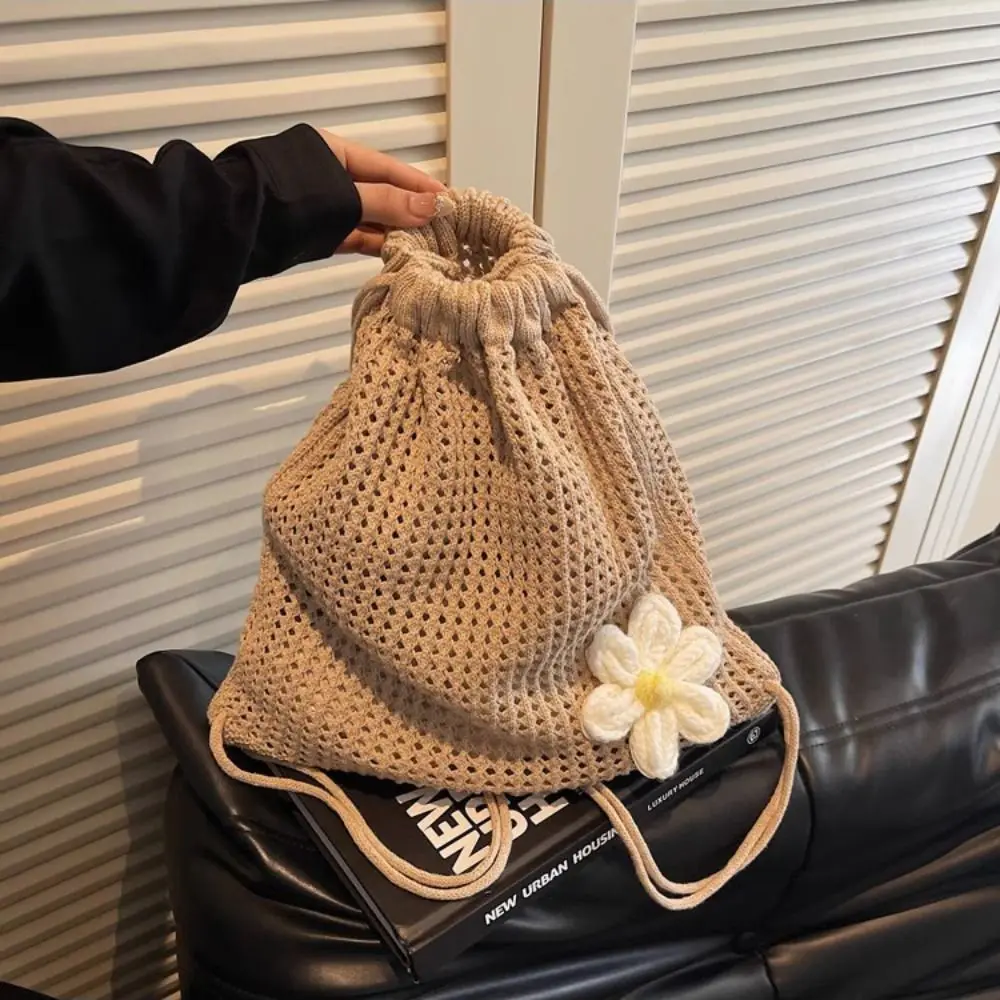 Solid Color Knitting Shoulder Bag Lazy Style Large Capacity Bohemian Crochet Backpack Versatile Hollow Out