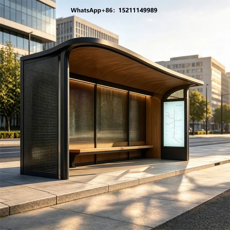 Modern Galvanized Steel Bus Shelter Passenger Information System with Digital Display and LED Lighting for City Transit.