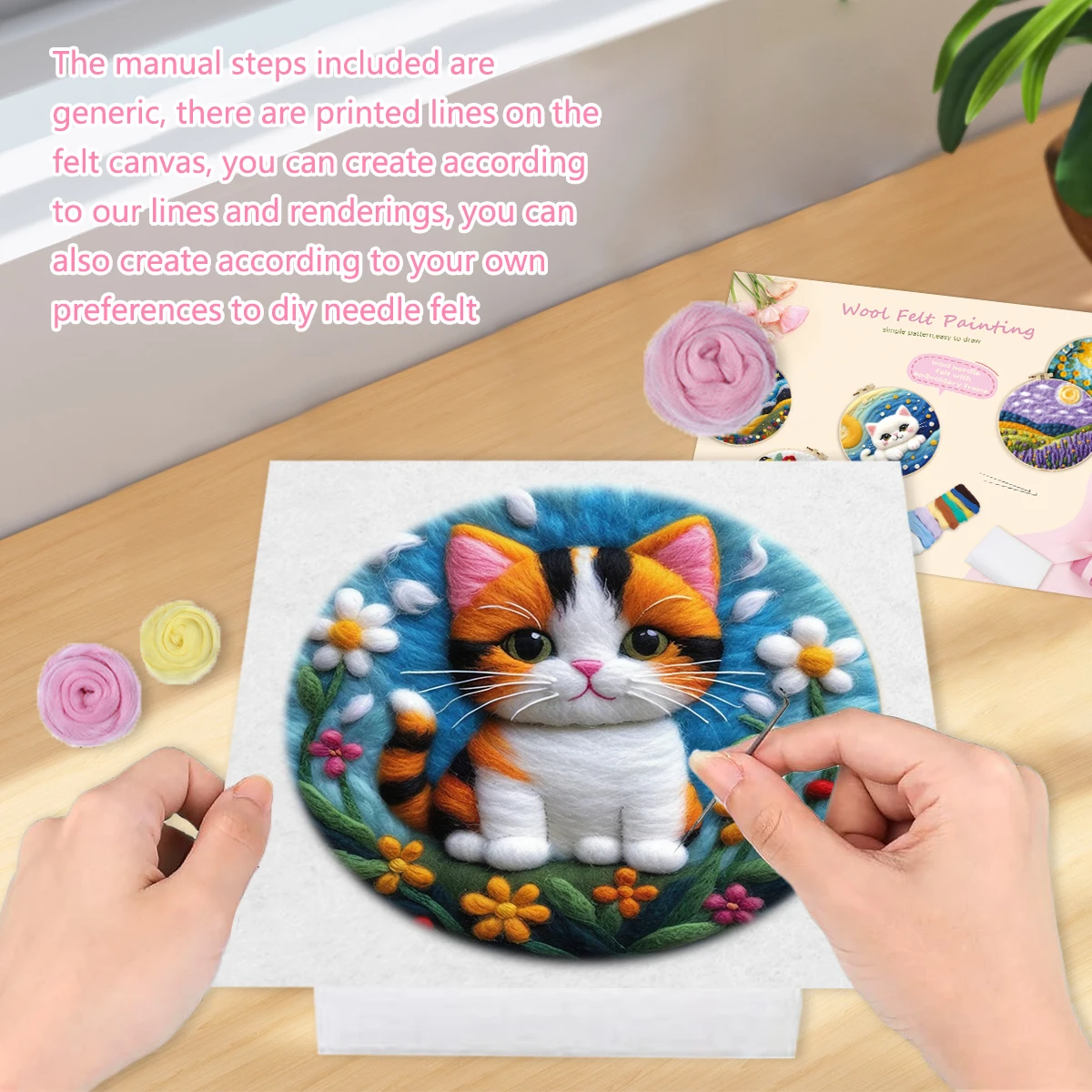 RUOPOTY Wool Felt Package Beginners Painting Cute Cat Wool Felting Kit Crafts Materials Handicraft Felt Needle felting Diy Gifts