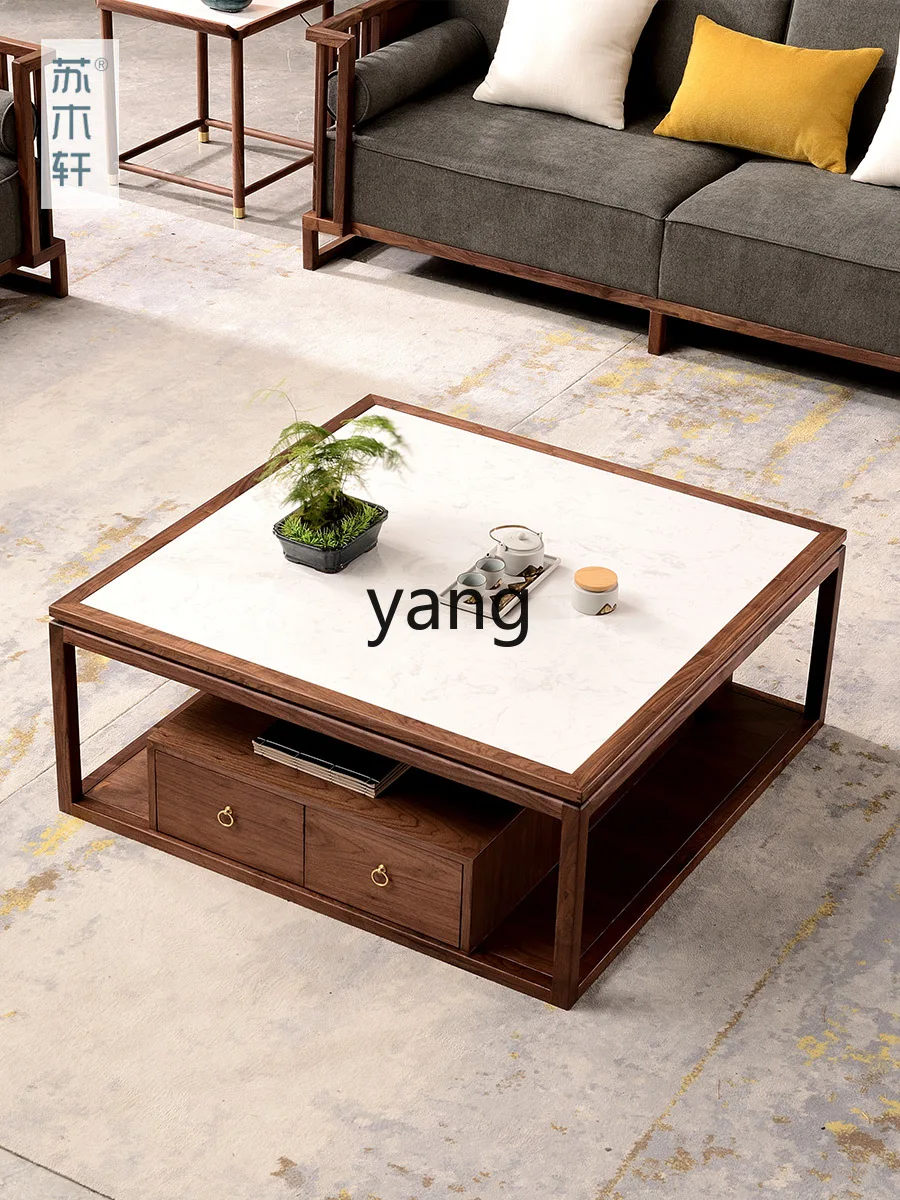 CX New Chinese Style Black Walnut Living Room Solid Wood Storage Tea Table with Drawer Stone Plate Marble